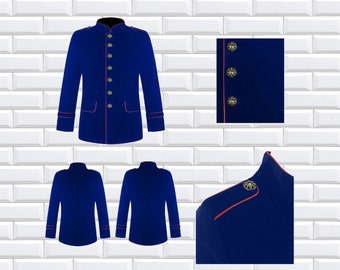 Men's handmade blue VELVET Jacket  Military Style red piping,Men's Gothic fashion coat