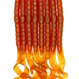 7.5” Motor Oil Orange ribbon tail worm, soft plastic bait