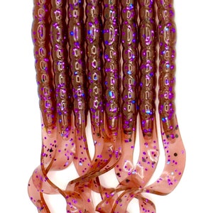 May include: A pack of ten brown and purple fishing lures with a glitter finish. The lures are shaped like worms and have a curled tail.
