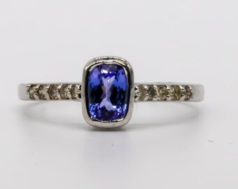 Natural Tanzanite Diamond Ring, 925 Sterling Silver Promise Ring
