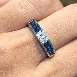 Natural Square Blue Sapphire Diamond Ring Sterling 925 Silver September Birthstone Eternity Minimalist Channel Setting Ring Gift For Her