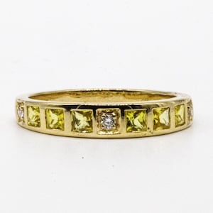 Yellow Sapphire & Diamond Ring, Half Eternity Band, Solid 14K Gold Ring, Minimalist Ring, Gemstone Eternity Ring, Promise Ring