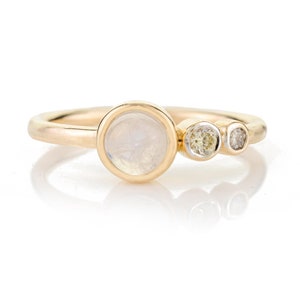 Natural Round Rainbow Moonstone Diamond Ring, Solid 9K/14K/18K Yellow Gold Ring, Diamond Gemstone Gold Ring, Bezel Setting, Gift For Her