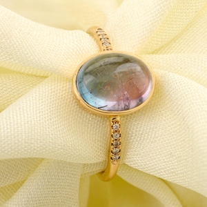 Natural Watermelon Tourmaline Gold Ring with diamonds for her,Solid 18K Yellow Gold,Minimalist October Birthstone Ring,Women jewellery Gift