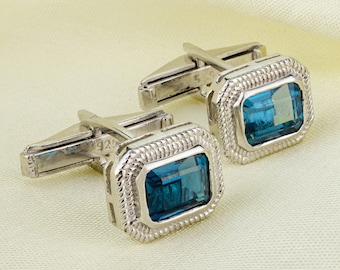 Natural London Blue Topaz Silver Cufflinks, Solid 925 Silver Cufflinks, December Birthstone, Tuxedo Cuff links, Gift For Dad