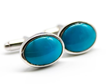 Elegant Turquoise Silver Cufflinks, Solid 925 Silver Cufflinks, December Birthstone, Semi Precious Stone Cufflink, Silver Minimal Cufflinks
