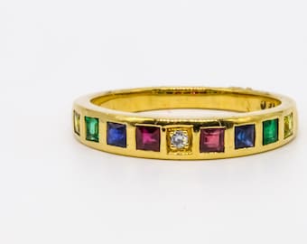 14K Gold Multi Gemstone Band, Diamond, Ruby, Sapphire Ring