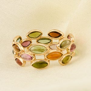 Natural Watermelon Tourmaline Ring, Solid 9K/14K/18K Gold, Eternity Ring, Rainbow Band, Stackable Ring, Double Line Band, Gift For Her