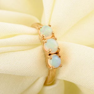 Rainbow Opal Gold Ring, Solid 14K Yellow Gold, October Birthstone Prong Setting, Three Stone Fir Opal Ring, Promise Ring, Women Ring For Her