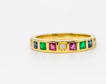 14K Gold Multi Gemstone Ring, Emerald Ruby Sapphire Diamond Band