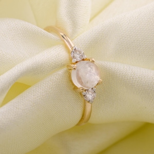 Solid 9K Yellow Gold Ring, Natural Round Rainbow Moonstone Diamond Ring, Minimalist Gold Band, Prong Setting, June Birthstone, Gift For Her