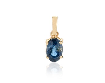Oval Blue Sapphire Pendant Necklace, 14K Yellow Gold Birthstone Charm