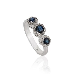 Natural Round Cut Three Stone Blue Sapphire Diamond Sterling 925 Silver Statement Ring,Three Stone Sapphire Gemstone Ring, Diamond Ring
