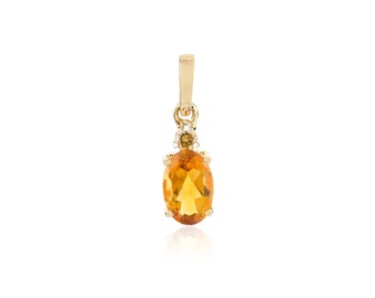 14K Yellow Gold Citrine Diamond Pendant, November Birthstone Charm