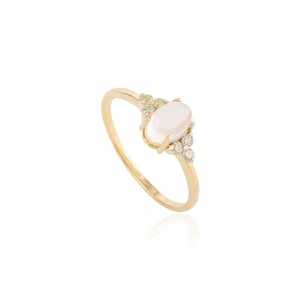 Solid 14K Yellow Gold Natural Oval Moonstone Diamond Ring Minimalist June Birthstone Prong Setting Dainty Statement Ring Gift For Her