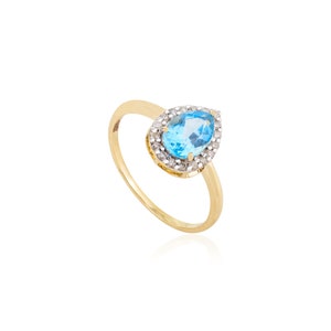 Anillo de oro amarillo macizo de 14 quilates con topacio azul natural y diamante, piedra natal de diciembre, estilo minimalista, con engaste de garras, regalo para ella