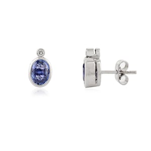 Natural Oval Blue Sapphire Diamond Gold Earrings, Solid 14K White Gold Stud, September Birthstone, Push Back Stud Earrings, Gift To Her