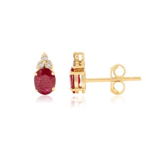 Natural Ruby Stud Earrings with Diamond Accent, 14K Yellow Gold Earrings, Oval Ruby Jewelry, July Birthstone Gift for Her