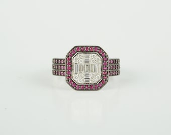 18K White Gold Ruby Diamond Ring, Gemstone Statement Ring