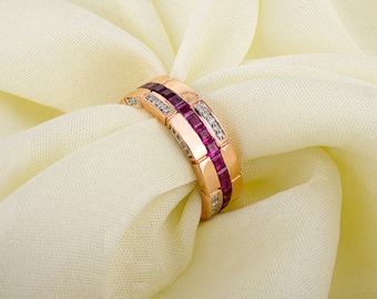 14K Rose Gold Ruby Diamond Band Ring, Eternity Stackable Ring