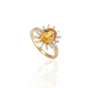 Solid 18K Gold, Natural Yellow Sapphire Ring, Real Baguette Diamond Ring, Statement Minimalist Ring, September Birthstone, Engagement Ring
