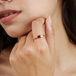 14K Yellow Gold Ruby Ring, Emerald Cut Ruby Solitaire Ring, Minimalist Gold Gemstone Ring, Dainty Ruby Band for Women