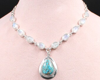 Natural Moonstone Turquoise Silver Necklace, Solid 925 Sterling Silver, Moonstone Silver Charm, Handmade Silver Necklace, Women's Jewelry