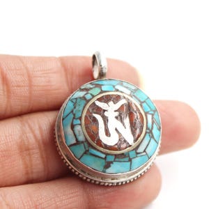 Nepali Turquoise Coral Silver Pendant, Tibetan Silver Pendant, 925 Sterling Silver, Large Silver Necklace, Buddhist Prayer, Nepalese Jewelry