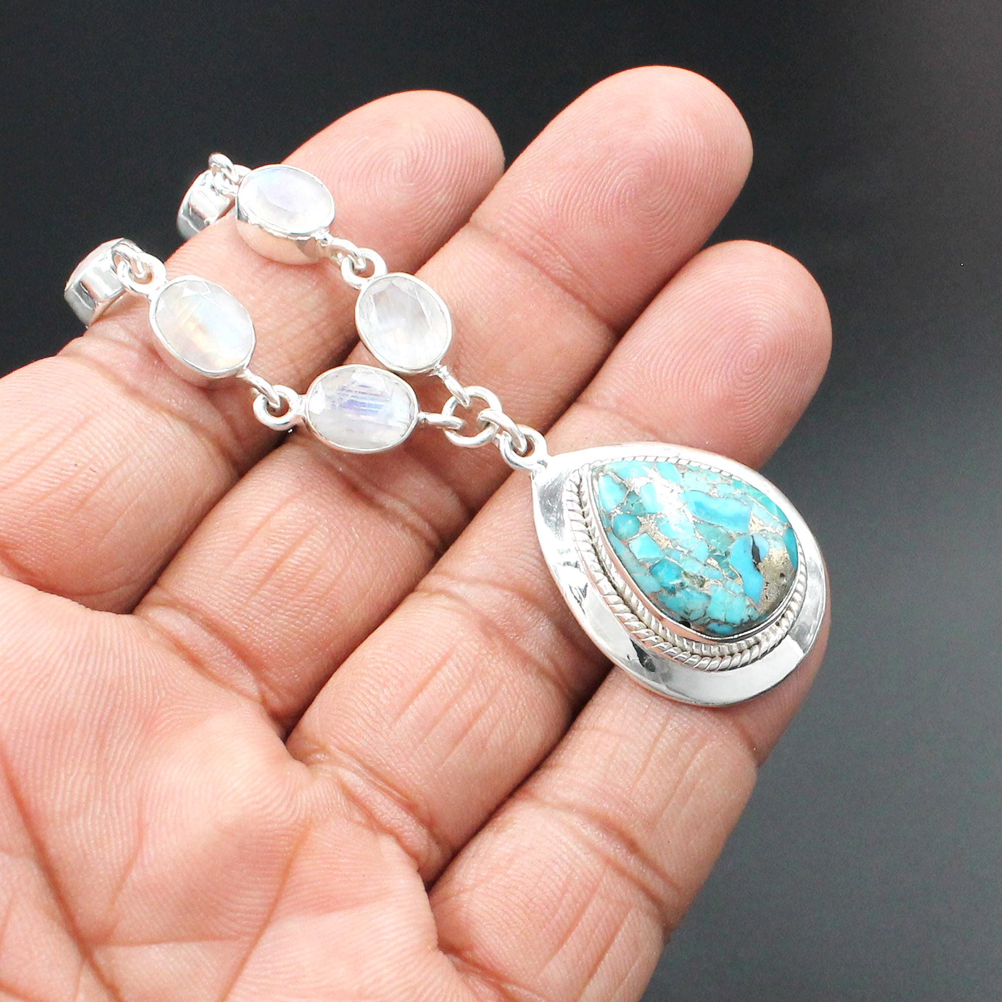 Pendentif Argent Avec Turquoise Et Pierre De Lune - Bijou Occasion Pierres Naturelles