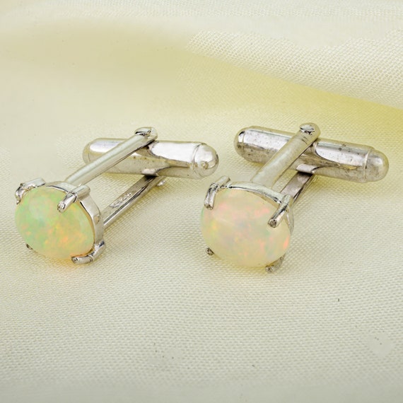 Boutons De Manchette Pour Homme En Argent Sterling 925 - Avec Opales Naturelles - Fait Main - Neuf Avec étiquettes