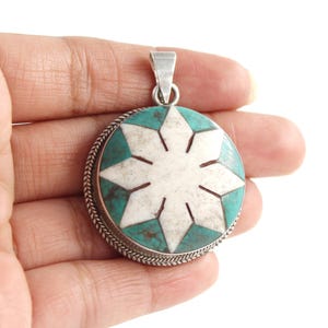 Nepali Turquoise Silver Pendant, Tibetan Style Silver Pendant, 925 Sterling Silver, Large Silver Necklace, Buddhist Prayer, Nepalese Jewelry