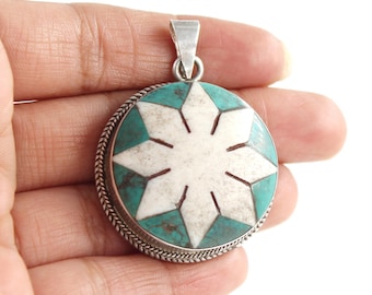 Nepali Turquoise Silver Pendant, Tibetan Style Silver Pendant, 925 Sterling Silver, Large Silver Necklace, Buddhist Prayer, Nepalese Jewelry
