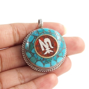 Nepali Turquoise Coral Silver Pendant, Tibetan Silver Pendant, 925 Sterling Silver, Large Silver Necklace, Buddhist Prayer, Nepalese Jewelry