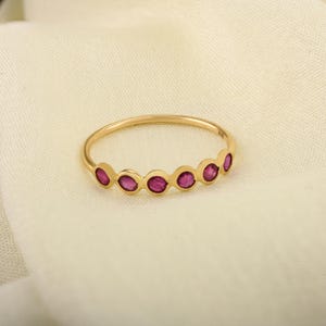 Natural Ruby Gold Band Ring, Solid 18K/9K/14K Yellow Gold,  Stackable Ring, Bezel Setting, Half Eternity Ring, July Birthstone Ring Gift Her