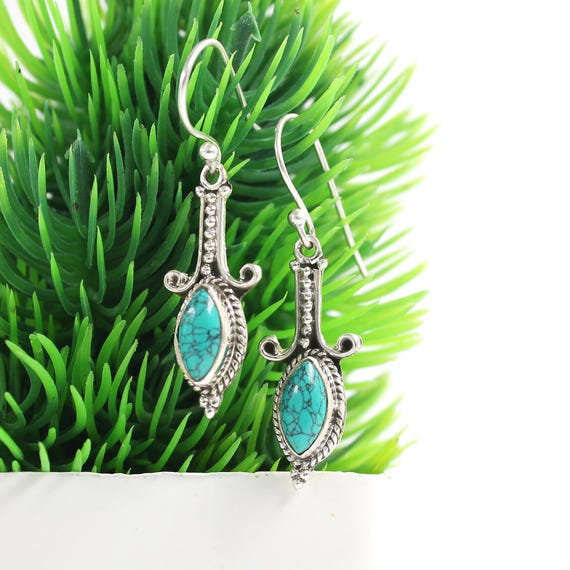 Argento 925 Orecchini Pendenti In Con Turchese - Stile Vintage Tibetano, Nuovi E Eleganti Orecchini Turchese Tibetano