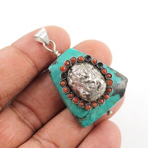 Nepali Turquoise Coral Buddha Pendant, Tibetan Pendant, 925 Sterling Silver, Agori Shiv Silver Necklace, Buddhist Prayer, Nepalese Jewelry