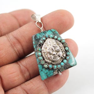 Nepali Turquoise Buddha Pendant, Tibetan Style Pendant, 925 Sterling Silver, Agori Shiv Silver Necklace, Buddhist Prayer, Nepalese Jewelry