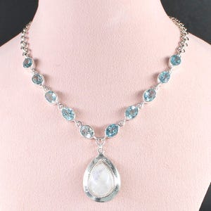Natural Moonstone Blue Topaz Silver Necklace, Solid 925 Sterling Silver, Moonstone Silver Charm, Handmade Silver Necklace, Women&#39;s Jewelry