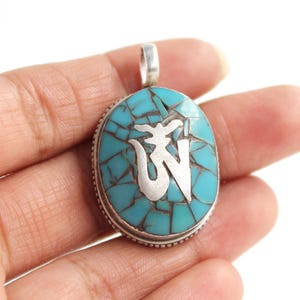 Nepali Turquoise Silver Pendant, Tibetan Style Silver Pendant, 925 Sterling Silver, Large Silver Necklace, Buddhist Prayer, Nepalese Jewelry