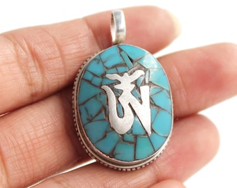 Nepali Turquoise Silver Pendant, Tibetan Style Silver Pendant, 925 Sterling Silver, Large Silver Necklace, Buddhist Prayer, Nepalese Jewelry