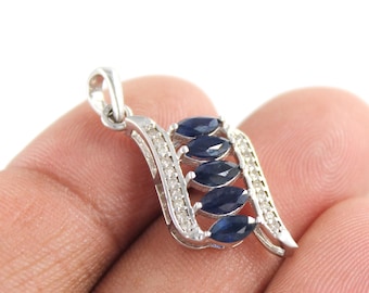 Blue Sapphire Diamond Sterling Silver Pendant, September Birthstone