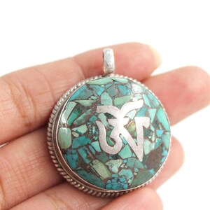 Nepali Turquoise Silver Pendant, Tibetan Style Silver Pendant, 925 Sterling Silver, Large Silver Necklace, Buddhist Prayer, Nepalese Jewelry