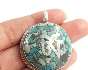 Nepali Turquoise Silver Pendant, Tibetan Style Silver Pendant, 925 Sterling Silver, Large Silver Necklace, Buddhist Prayer, Nepalese Jewelry