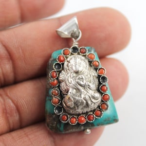 Nepali Turquoise Coral Buddha Pendant, Tibetan Pendant, 925 Sterling Silver, Agori Shiv Silver Necklace, Buddhist Prayer, Nepalese Jewelry