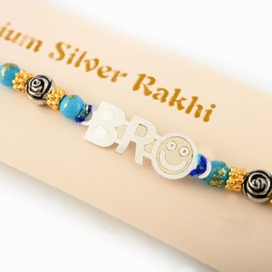 Bro Rakhi Silver Bracelet - FREE ENGRAVING  - Blue Color Soft Thread Rakhi Bracelet - Hindu Rakhi Festival Bracelet Gifts For Brother