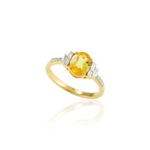 Natural Yellow Sapphire Ring, Solid 18K Gold, Real Baguette Diamond Ring, Minimalist Ring, Statement Ring, Christmas Gift