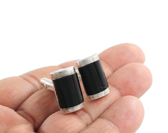 Natuurlijke manchetknopen van zwarte onyxzilver, massief 925 sterlingzilver, handgemaakte manchetknopen voor mannen, smokingmanchetknoop, Valentijnsdagcadeau voor hem