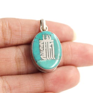 Nepali Turquoise Silver Pendant, Tibetan Style Silver Pendant, 925 Sterling Silver, Large Silver Necklace, Buddhist Prayer, Nepalese Jewelry