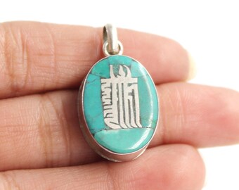 Nepali Turquoise Silver Pendant, Tibetan Style Silver Pendant, 925 Sterling Silver, Large Silver Necklace, Buddhist Prayer, Nepalese Jewelry