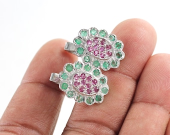 Natural Emerald Ruby Tuxedo Silver Cufflinks, Solid 925 Silver Cufflinks, Silver Handmade Cufflink ,Birthstone Cufflinks, Flower Cufflinks